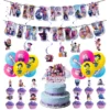 Scene with balloons, banners, and cake toppers from the kit