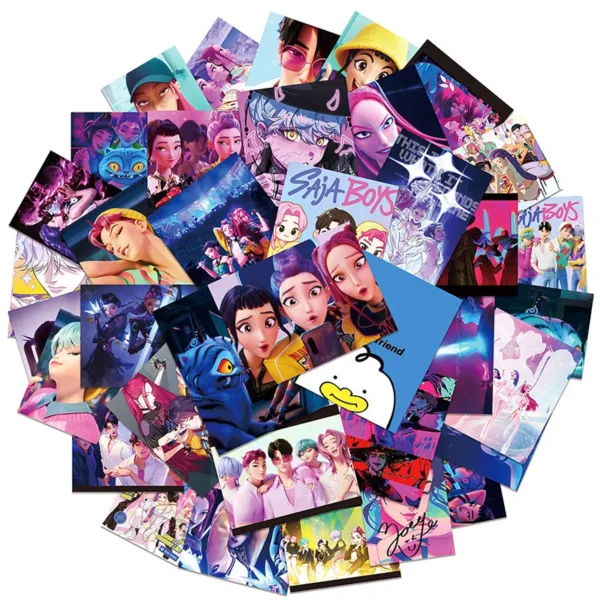 kpop demon hunter sticker 1_1_11zon Full set of 50 K-POP Demon Hunters collectible stickers laid out flat