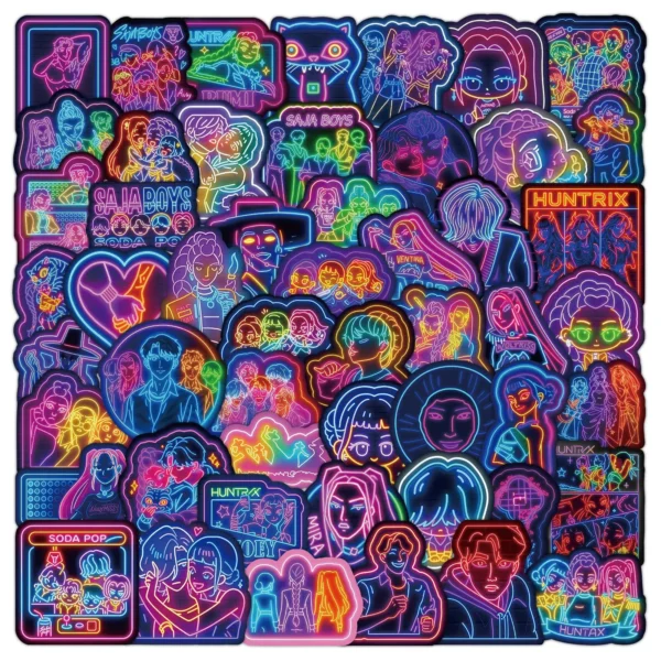 kpop demon hunter sticker 1_2_11zon K-POP Demon Hunters neon glow sticker pack with 50 vibrant stickers displayed