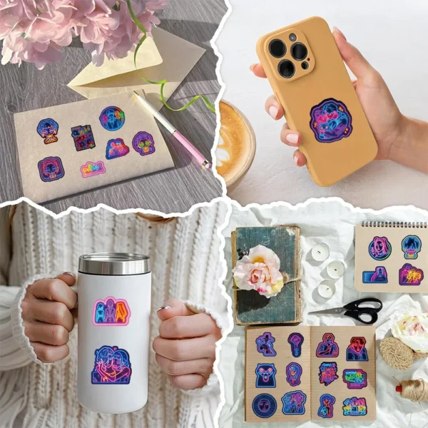 Neon stickers applied to a skateboard helmet and backpack in a cool lifestyle shot